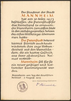 1953 m. atnaujinta Globos sutartis su Manheimo miesto vyr. burmistro Hermano Heimericho (Hermann Heimerich) parašu (Šaltinis: Manheimo miesto archyvas - Marchivum)